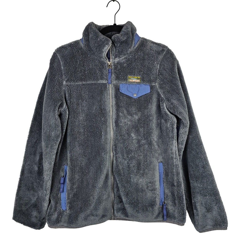 LL Bean Women's Hi-Pile Fleece Jacket Gray Blue Full Zip Medium 505250